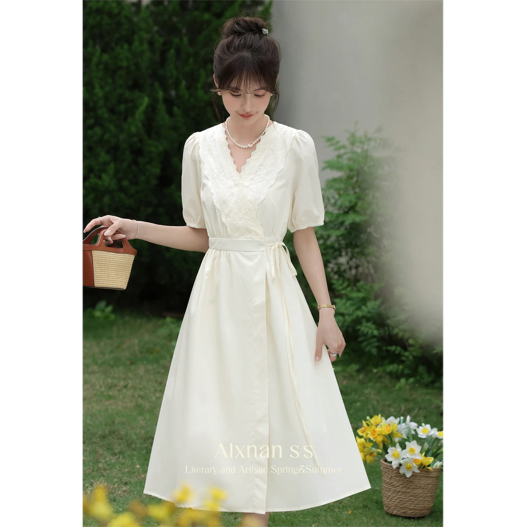 「凤舞」法式温柔V领连衣裙女夏季显瘦裙子L36115