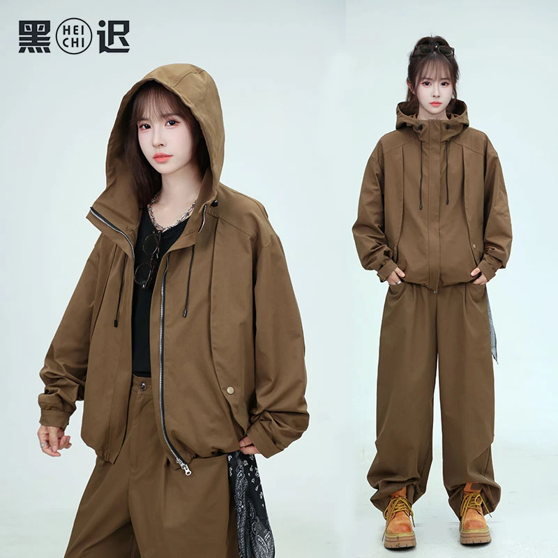 美式中性风户外运动冲锋衣连帽工装夹克裤子套装男女潮牌一套