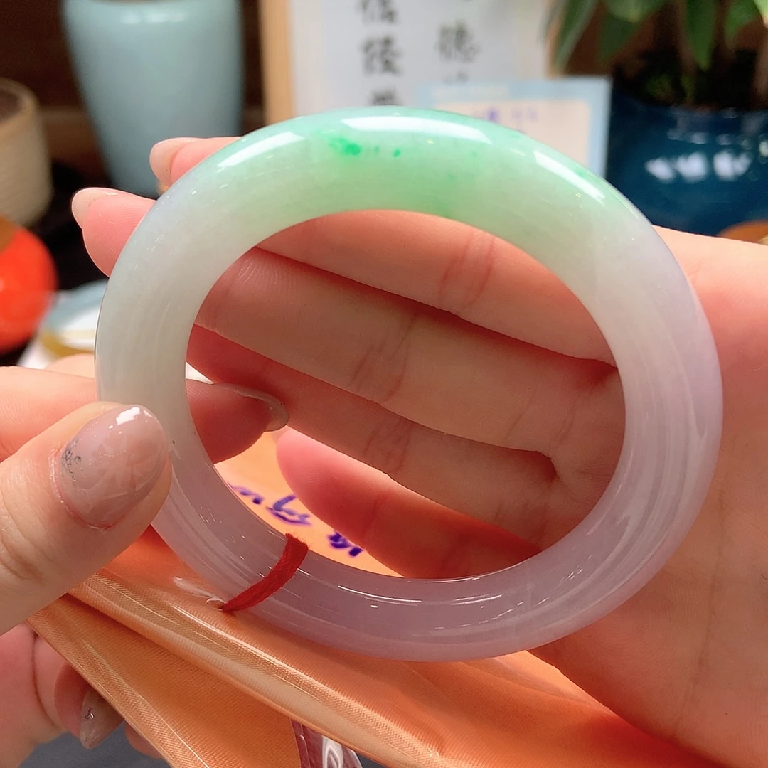 翡翠未镶嵌手镯胖圆紫底洒绿5号