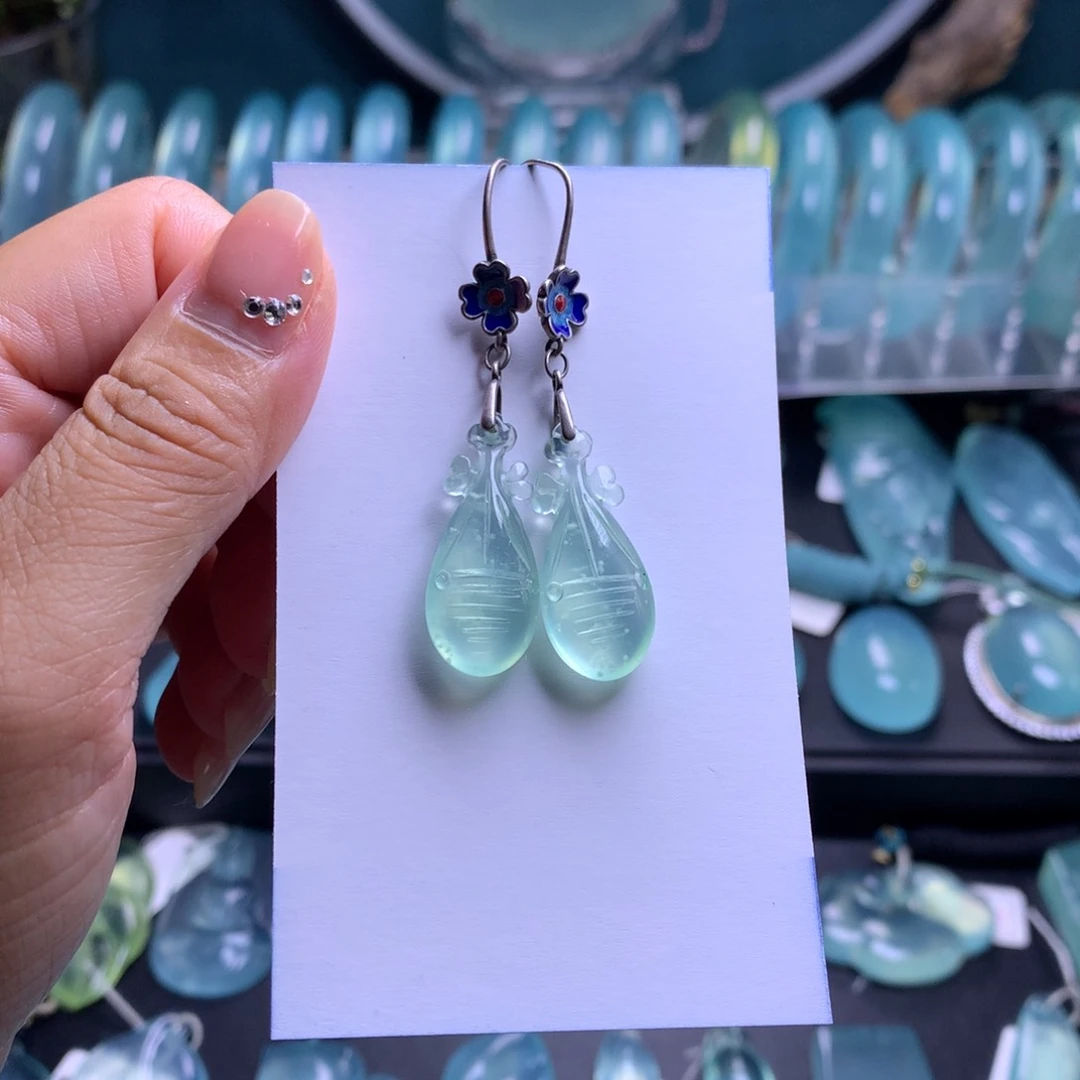 银S925镶嵌蛇纹石玉耳饰