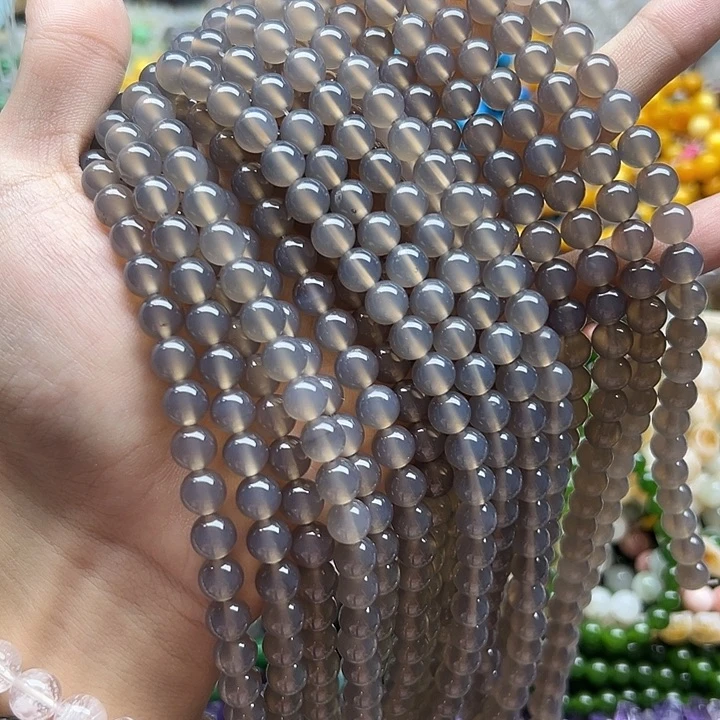 玛瑙/玉髓未镶嵌珠宝半成品一条天然8mm灰玛瑙圆珠