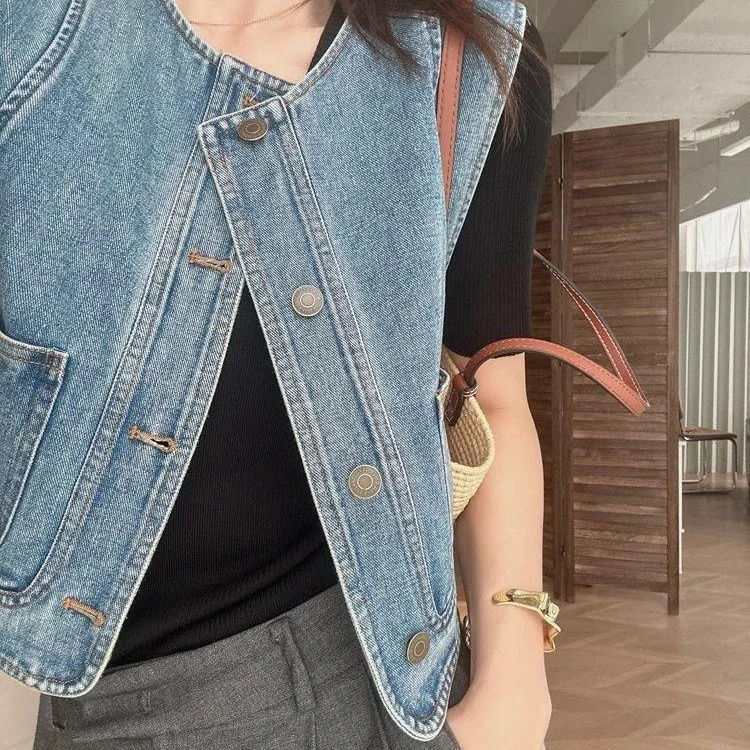 清仓捡漏~专柜撤回大牌外贸春夏牛仔马夹外套女宽松大码短款马甲