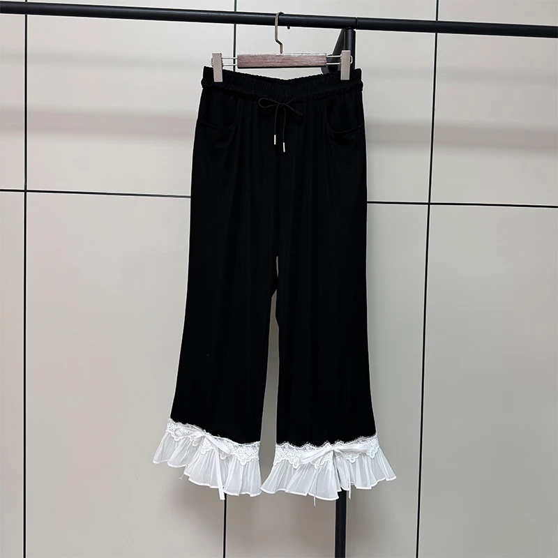 大码女裤黑色拼接阔腿裤女胖mm大腿粗屁股大显瘦裤子女款夏季薄款