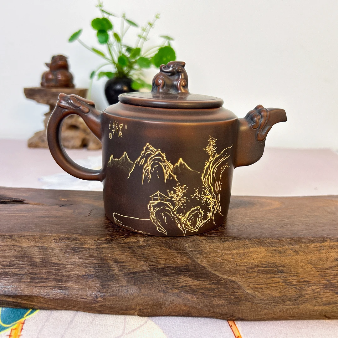 330毫升 坭兴陶全手工山水龙壶 名家刻绘带证书