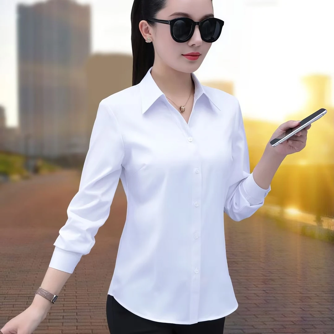 职业v领衬衫女长袖春季新款气质工装正装工作服免烫面试白色衬衣