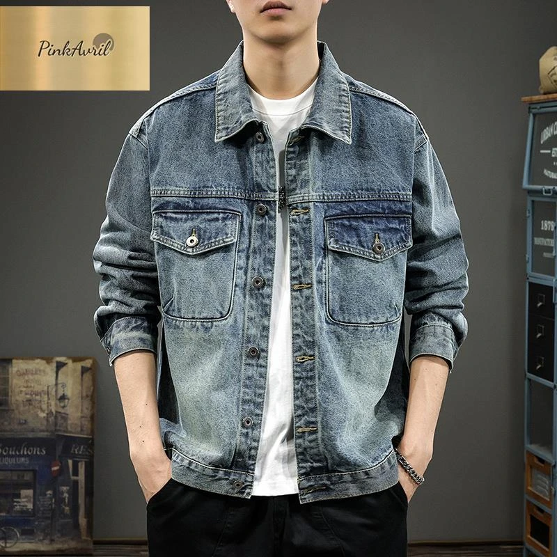 PinkAvril春季美式经典复古牛仔外套男春秋新款做旧水洗宽松大码