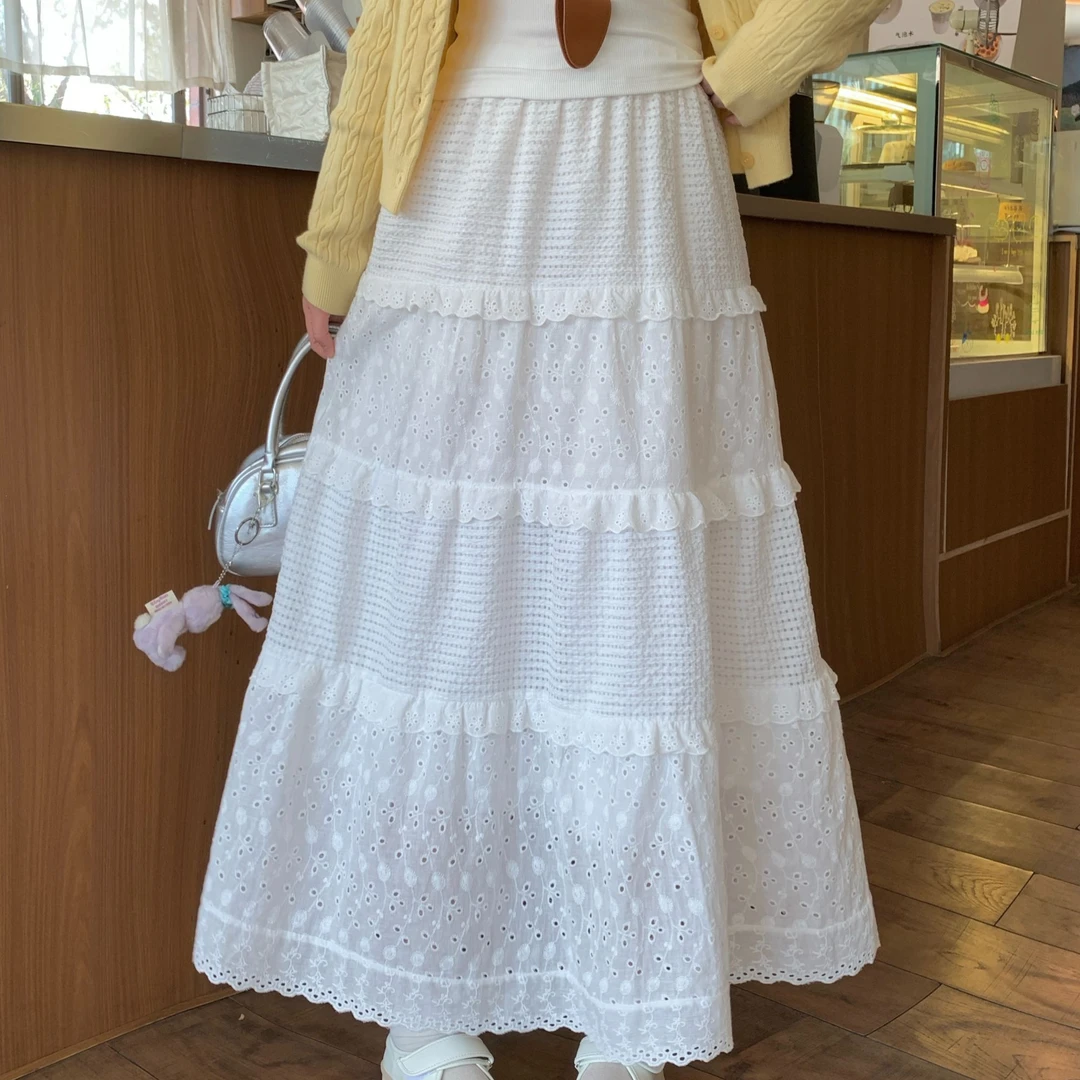 2025春款白色大码女装新款a字裙蛋糕裙蕾丝拼接钩花半身裙3086