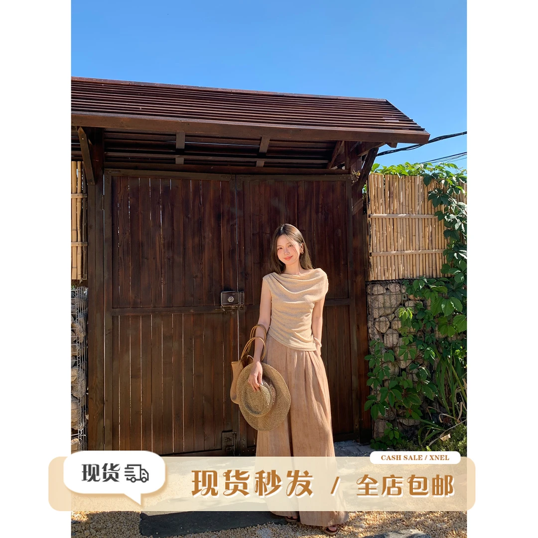 陳文文xenl【燕麦奶铁】夏季新款气质荡领上衣高腰阔腿裤两件套8808