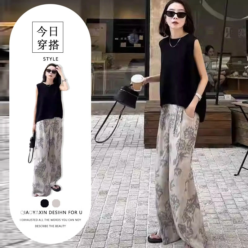 246863+246864今年流行套装法式无袖T恤上衣高腰印花休闲裤两件套