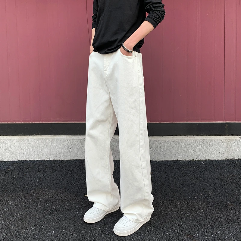 秋冬款美拉德白色牛仔裤男水洗纯棉宽松美式复古显瘦直筒裤子