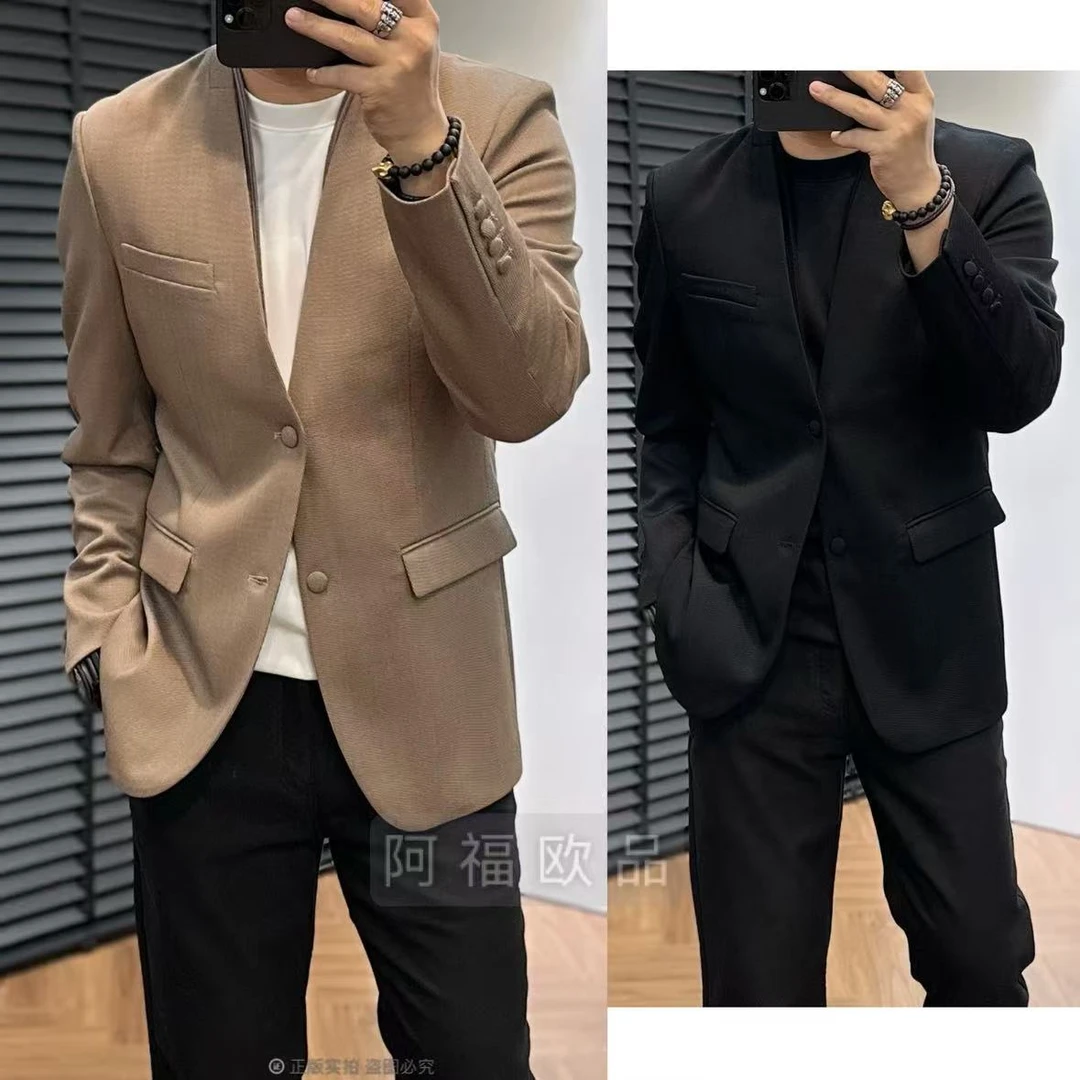 【阿福欧品】男士顶奢MJL无领秋冬韩版围巾羊毛西服休闲小西装修身