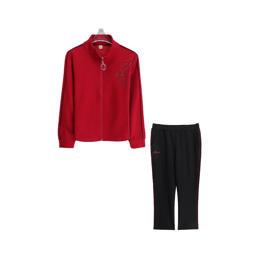 半立领亮闪玫瑰印花上衣纯色长裤套装C14012