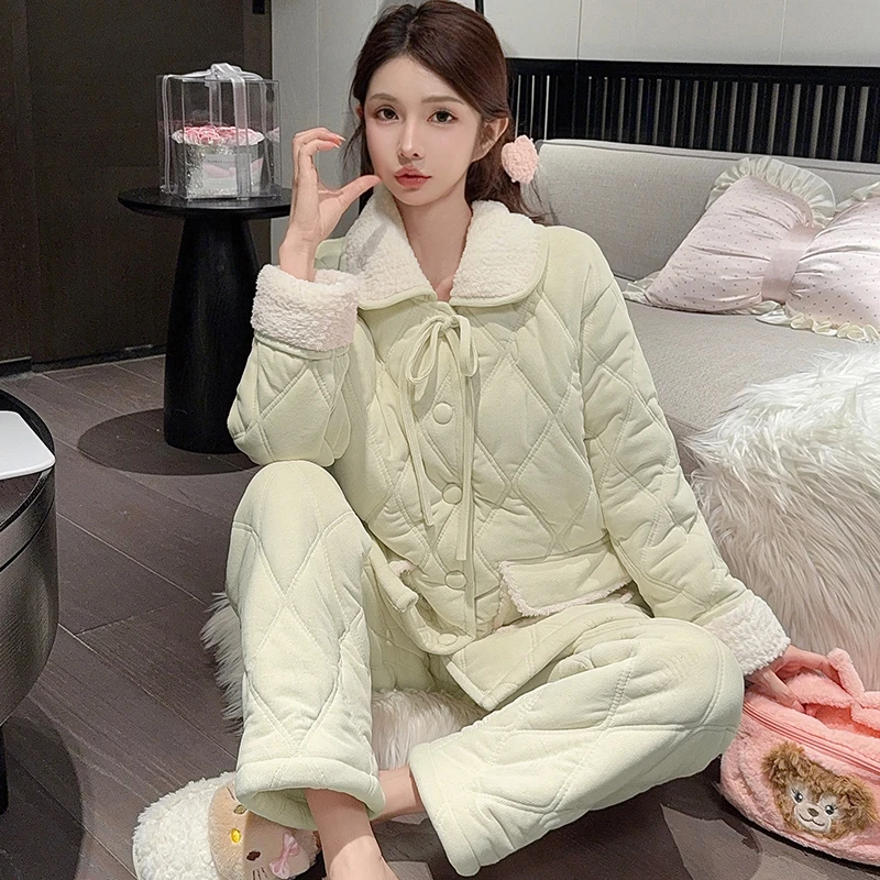 可外穿甜美加绒加厚棉袄睡衣女家居服冬季珊瑚绒保暖三层夹棉套装