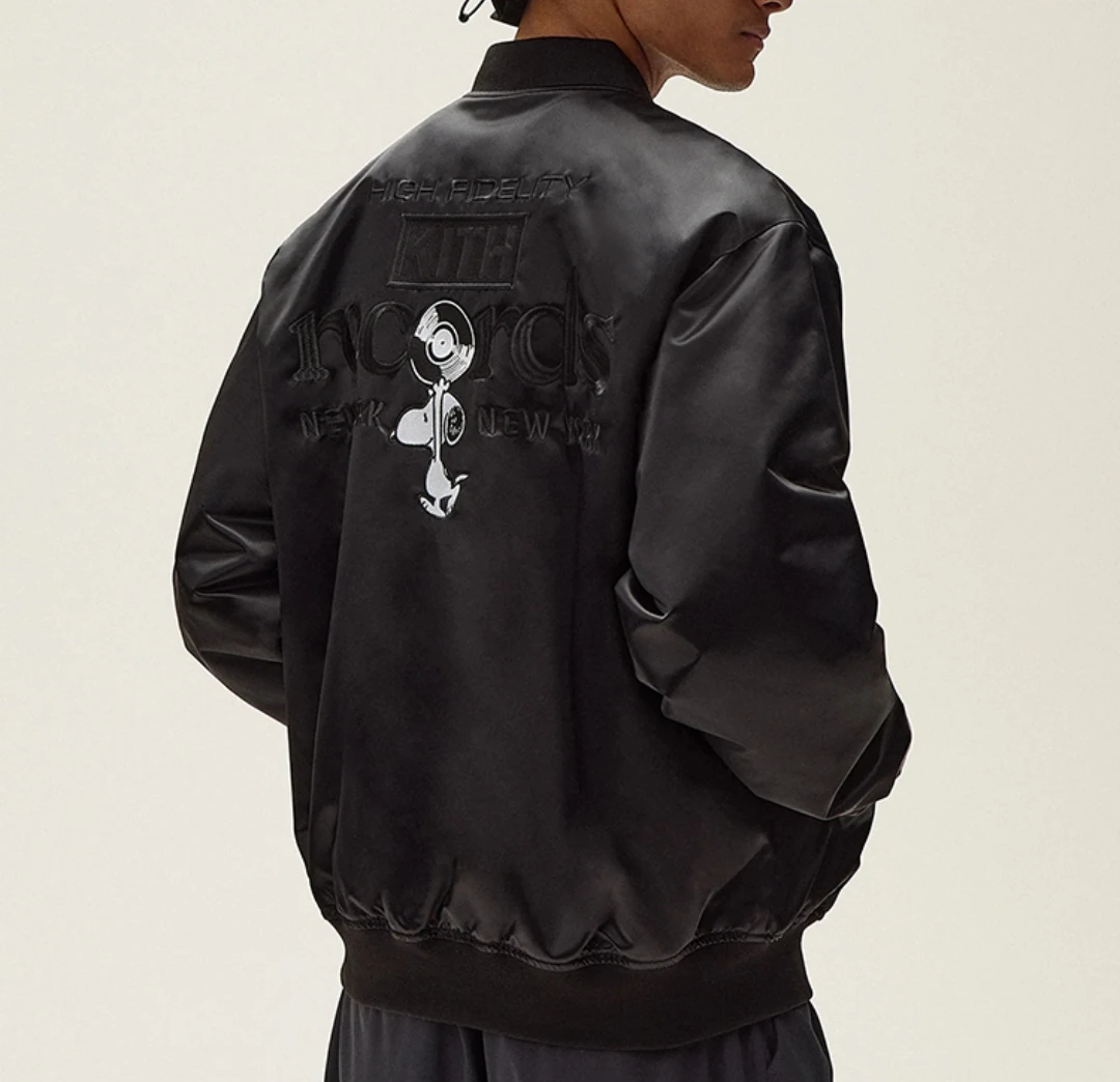 Kith for Peanuts联名款缎面刺绣夹棉飞行夹克外套棉服