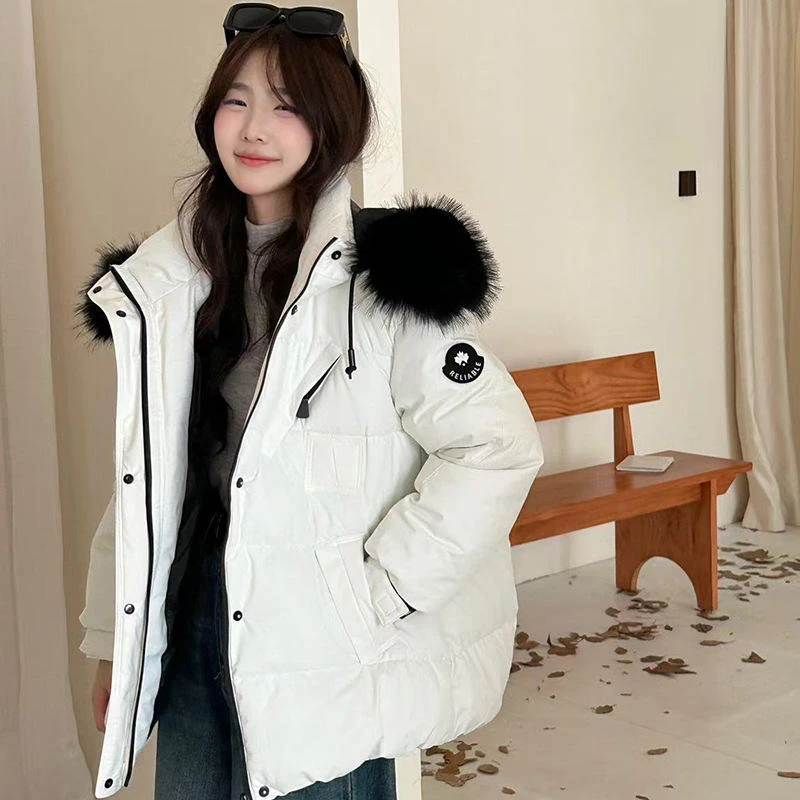 冰晶紫工装派克棉服女冬季2025年新款韩版宽松大毛领加厚棉衣外套