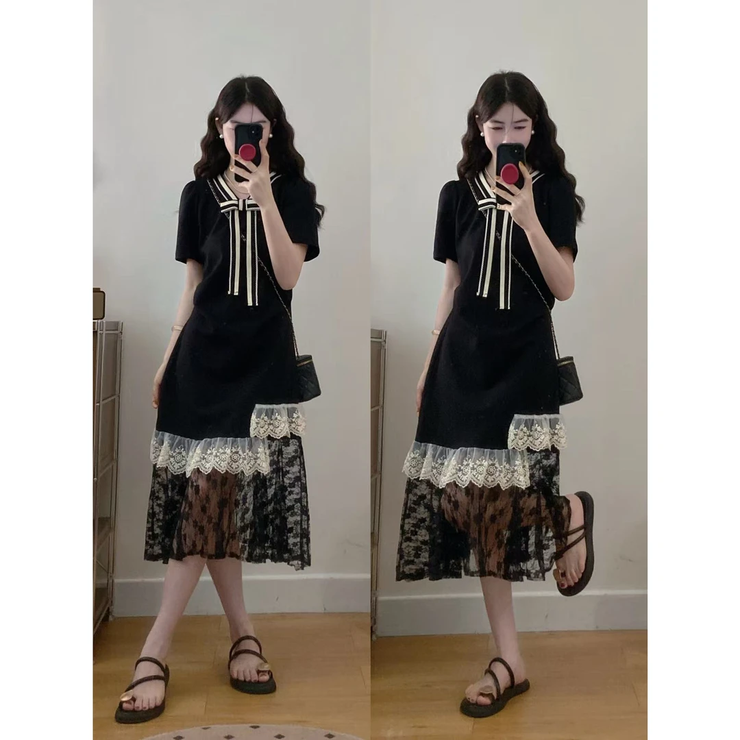 微胖mm大码女装2025夏季新款黑色高级感甜酷优雅显瘦韩系撞色裙子