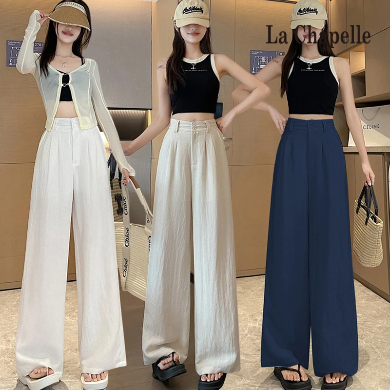 拉夏贝尔棉麻西装裤女2025夏季亚麻阔腿裤直筒休闲松紧山本裤