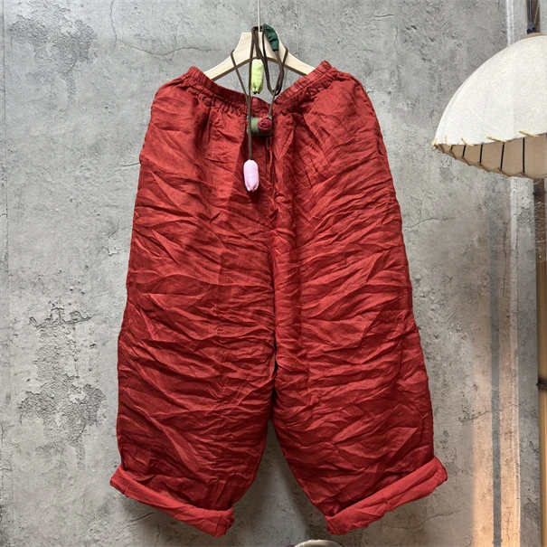 小九 原创苎麻休闲时尚宽松百搭双层裤子    裤长93臀围152