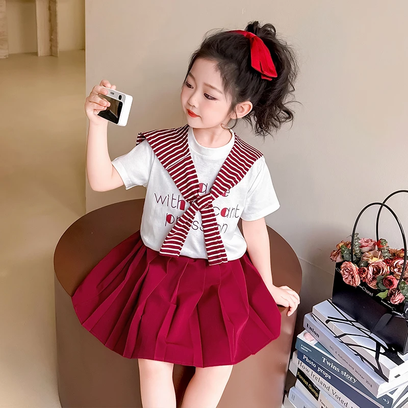 女童夏季套装儿童印花短袖jk百褶裙薄款宝宝条纹披肩学院风三件套