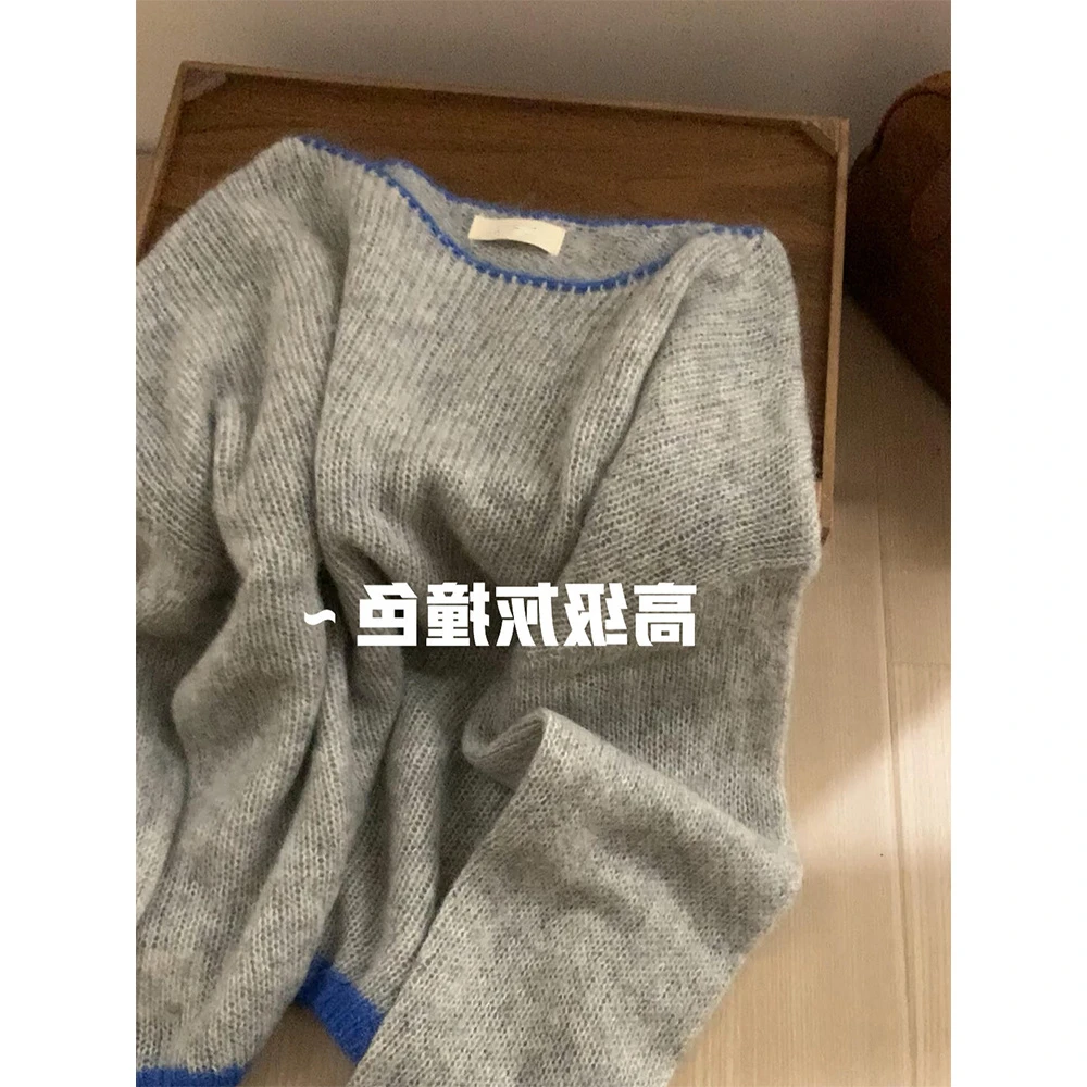 美爆了！糯软亲肤！冬季撞色高级灰毛衣女软糯糯慵懒感针织衫女上衣