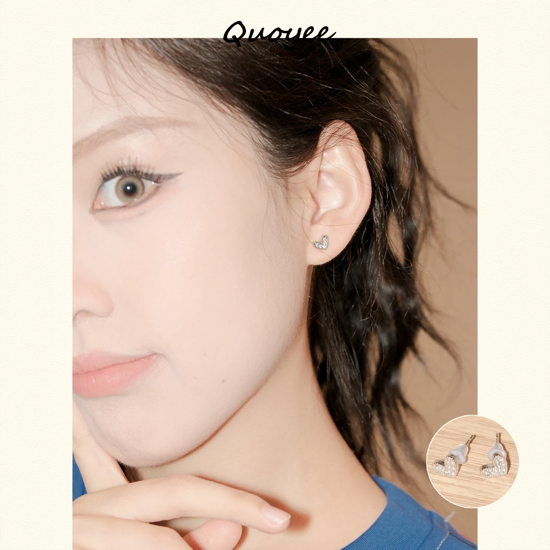 不锈钢锆石耳饰 Quoyee 精致小耳钉 爱心镶钻耳饰穿搭点缀OL002J4