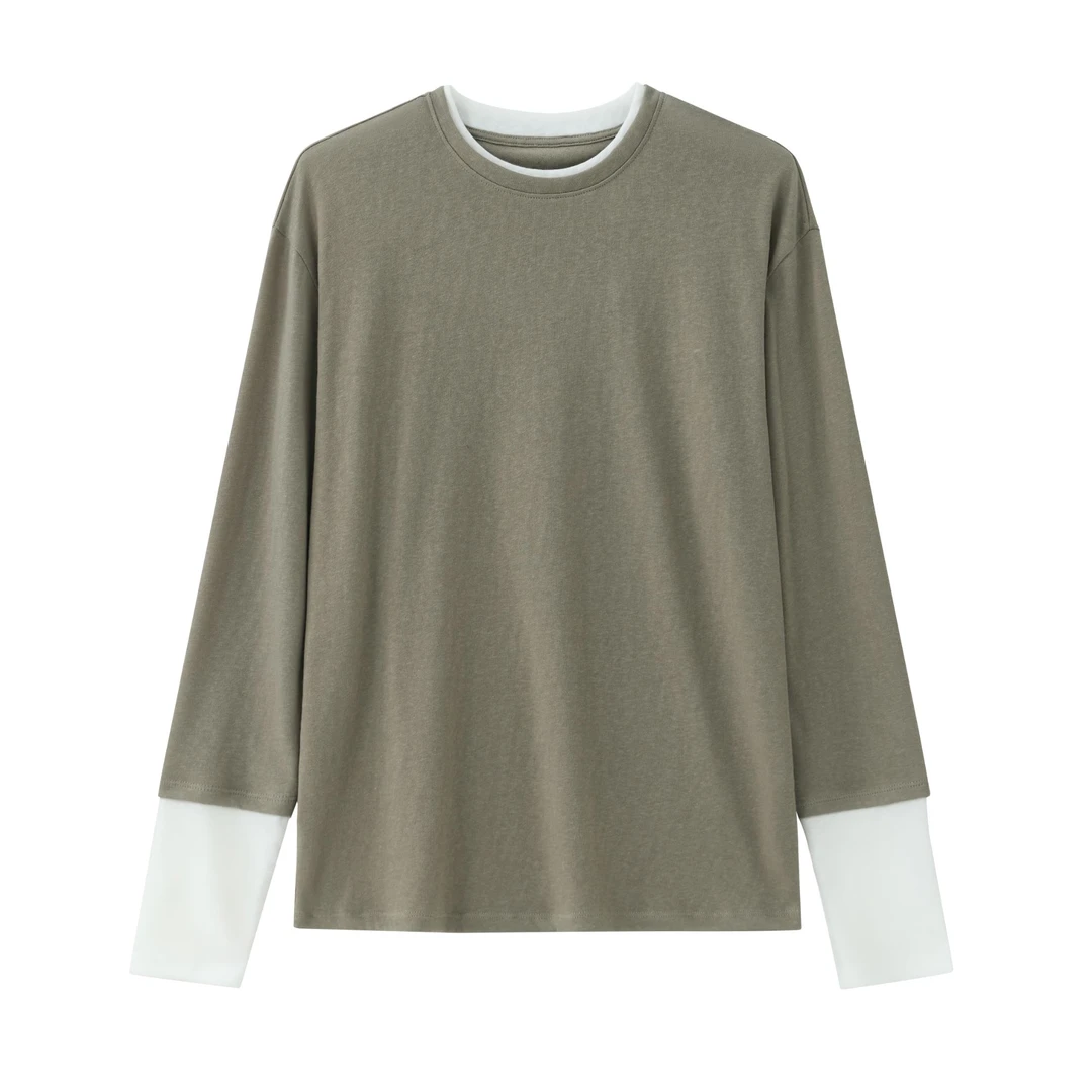 雨露亚麻拼接百搭宽松圆领长袖6144