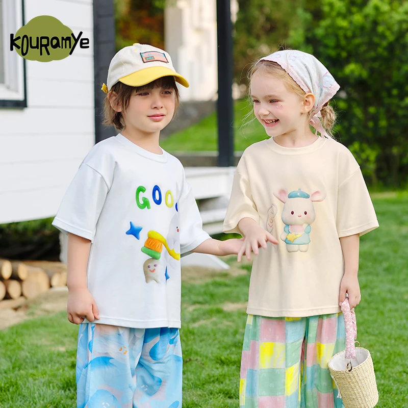 69037酷娃米夏季新款男童女童三防短袖T恤韩版宽松卡通纯色百搭