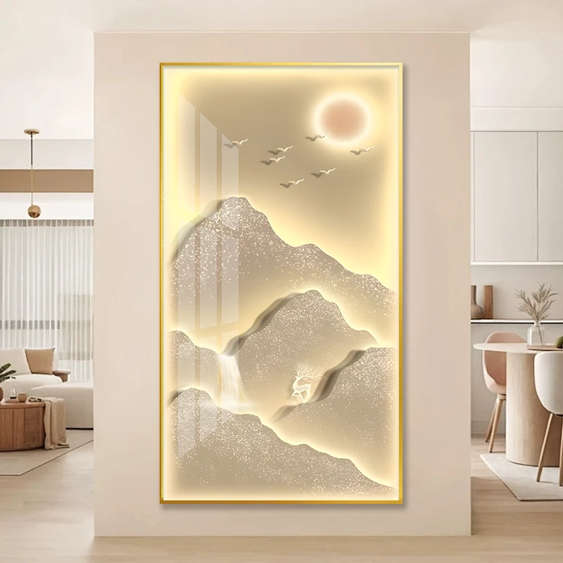 日照金山入户玄关转角装饰画高端大气走廊过道尽头挂画入门正对门