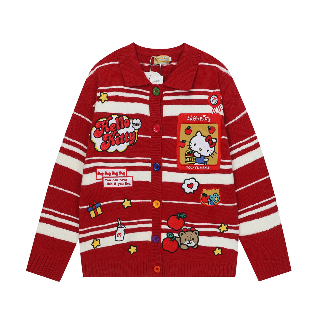 凛可爱 冬季新款卡通刺绣条纹针织开衫宽松休闲厚款保暖毛衣女