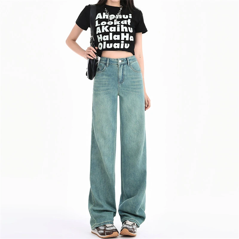 直筒牛仔裤女2024年春季新款显瘦窄版阔腿裤140