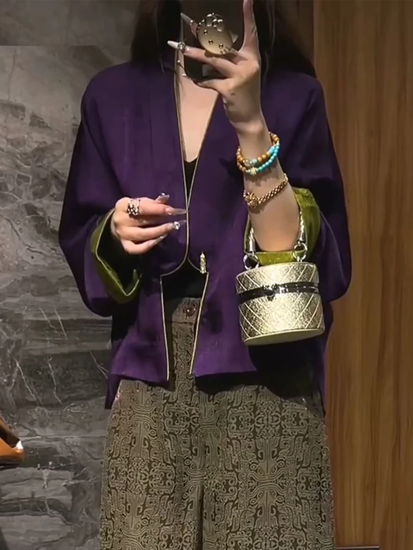 新中式紫色无领衬衣女2025年秋季新款冷淡系独特别致撞色国风上衣