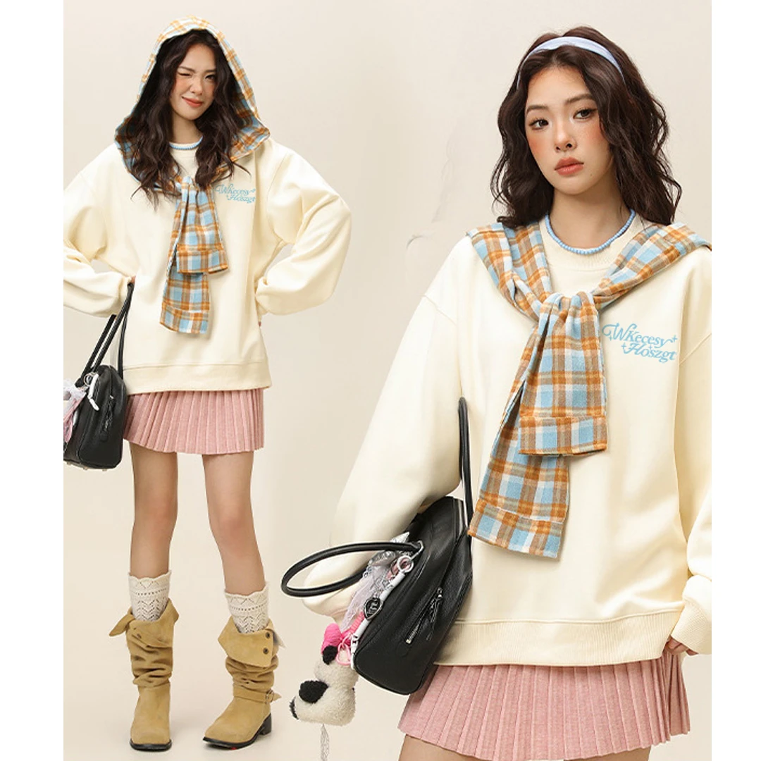 舒适感撞色圆领格纹帽子披肩休闲百搭宽松套头秋季时尚休闲卫衣潮