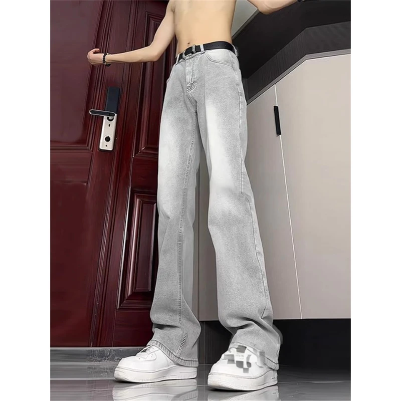 烟灰色微喇牛仔裤男秋季显高显瘦休闲裤子cleanfit美式高街直筒裤