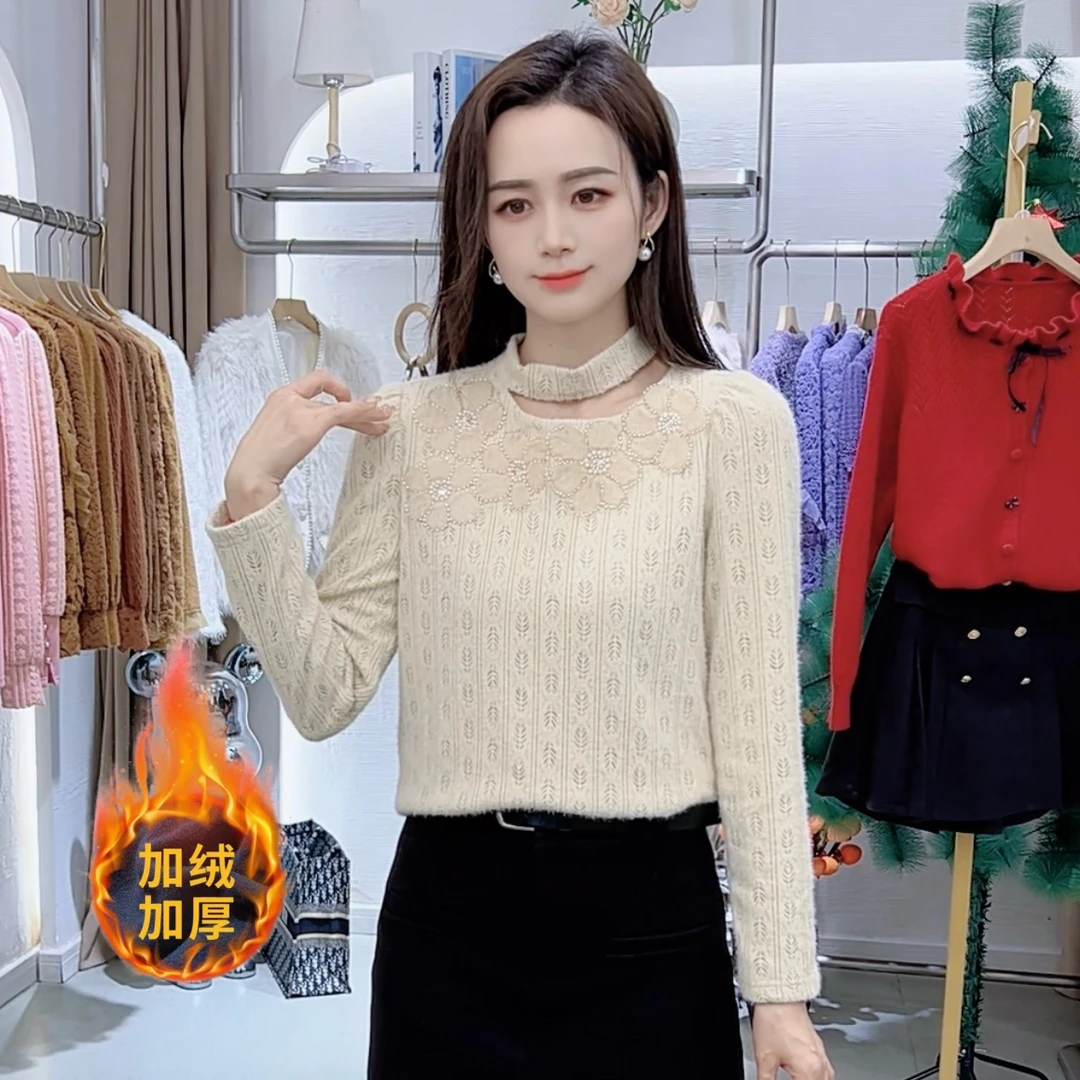 A9262挂脖圆领长袖蕾丝衫冬季新款气质时尚洋气减龄显瘦百搭上衣