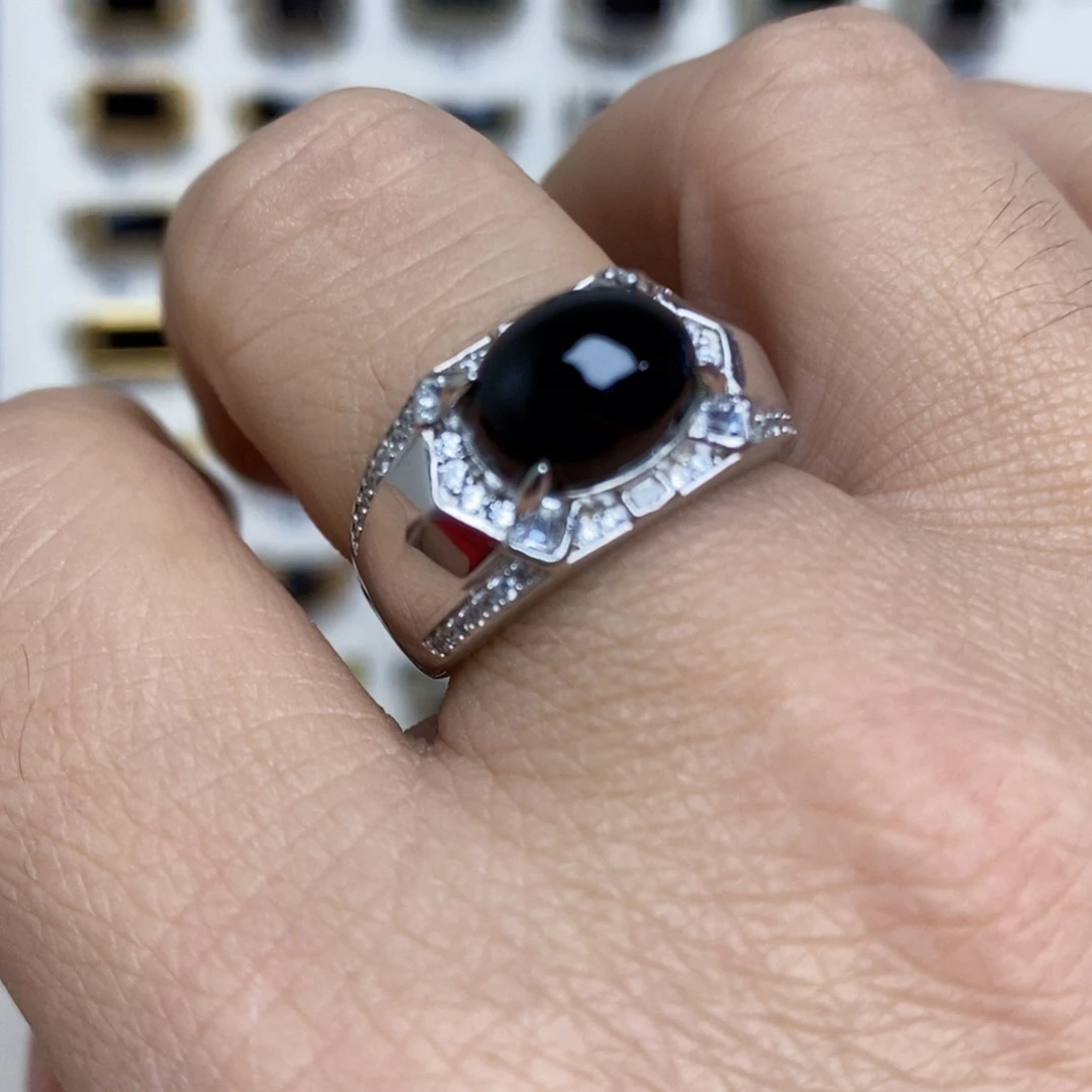 翡翠银S925镶嵌戒指墨翠戒指