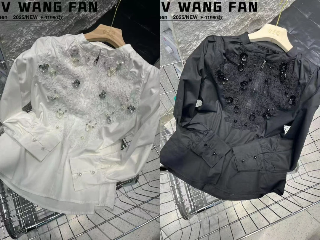 LL琳大码立体重工钉珠刺绣衬衫圆领长袖上衣洋气白色衬衣潮11980