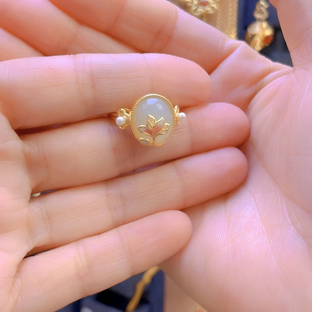 和田玉戒指银S925镀金镶嵌