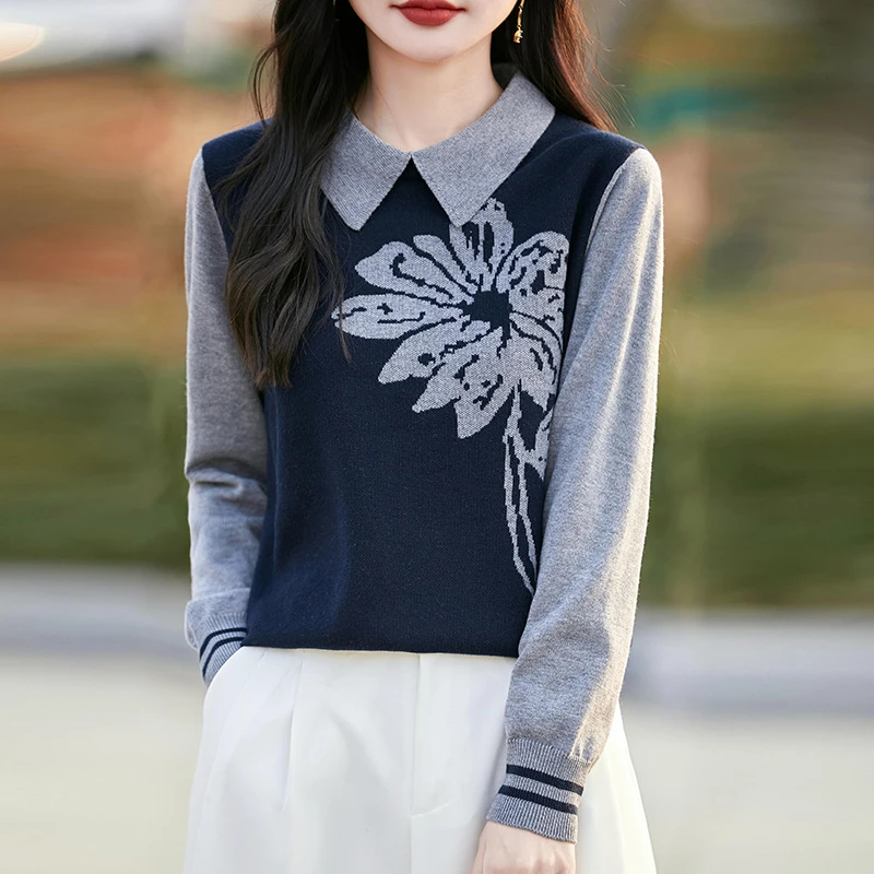 假两件针织衫设计感上衣时尚洋气女士秋装2025新款娃娃领打底毛衣