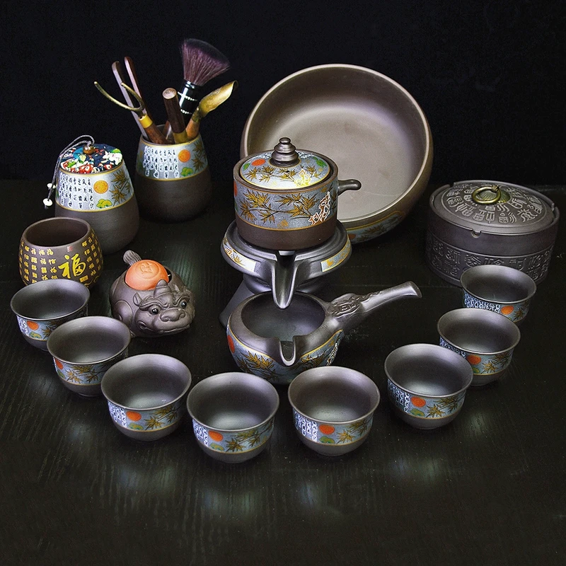 当代 紫砂自动茶具套装高端全套懒人石磨功夫茶具茶具茶台一整套