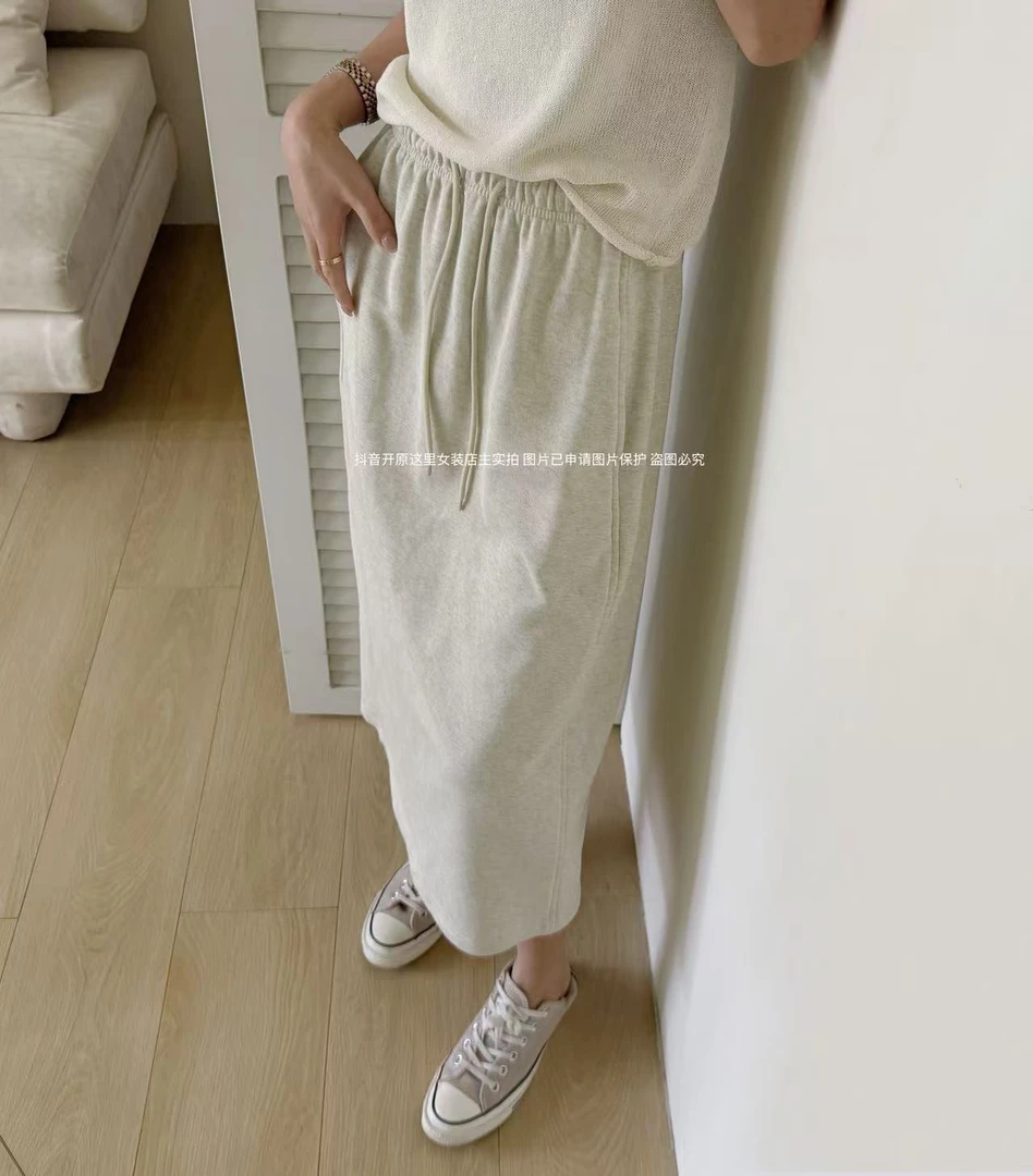 OD HERE 花灰松紧腰后开衩休闲裙