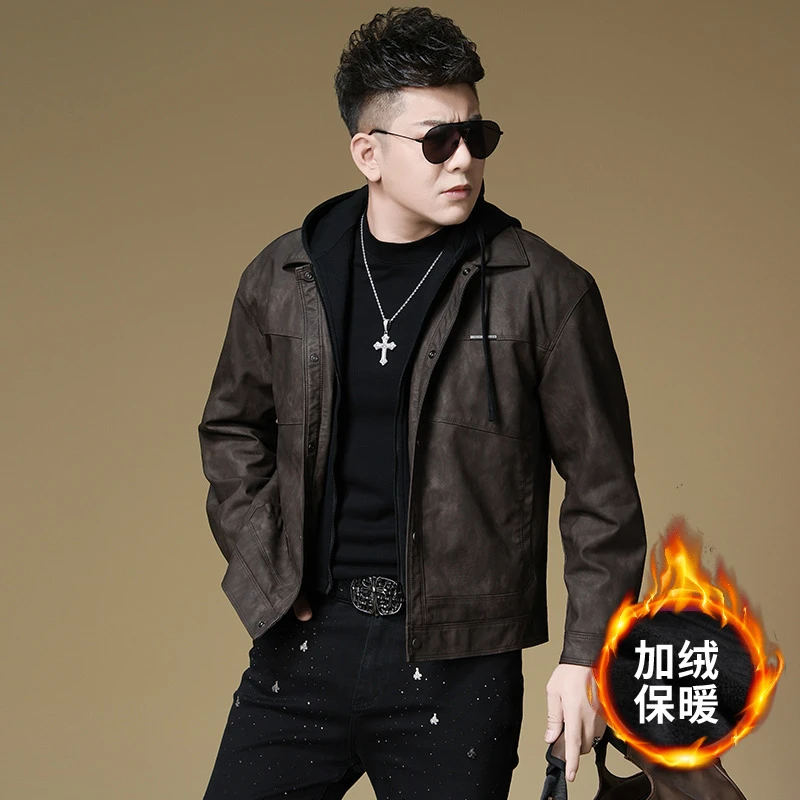 冬季新款机车服休闲皮夹克男士潮牌加绒保暖外套可拆卸帽皮衣男装