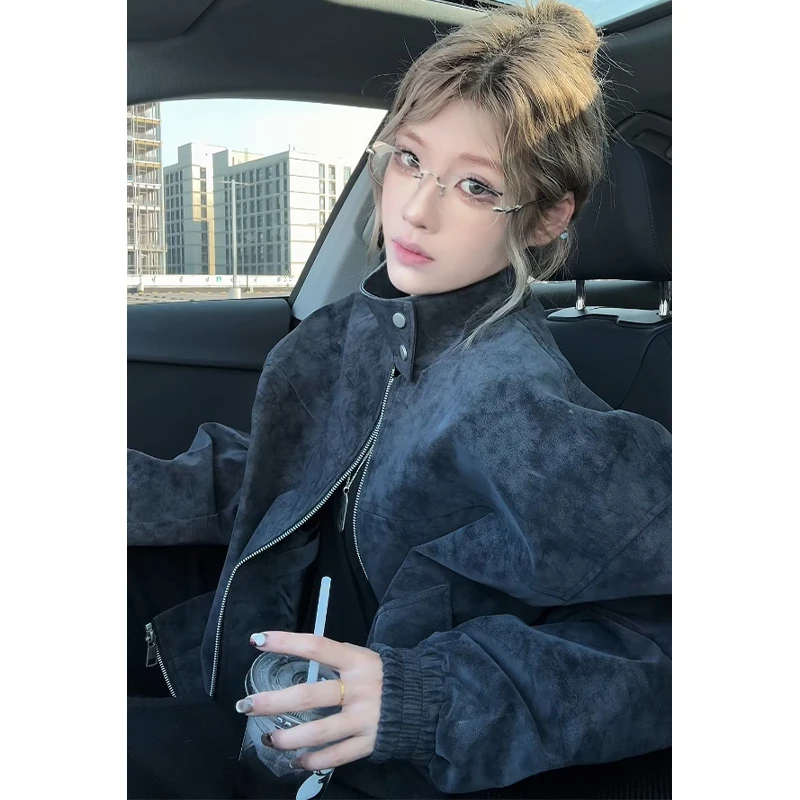 美式复古扎染短款皮衣夹克男秋季痞帅半高领机车外套潮牌男模穿搭