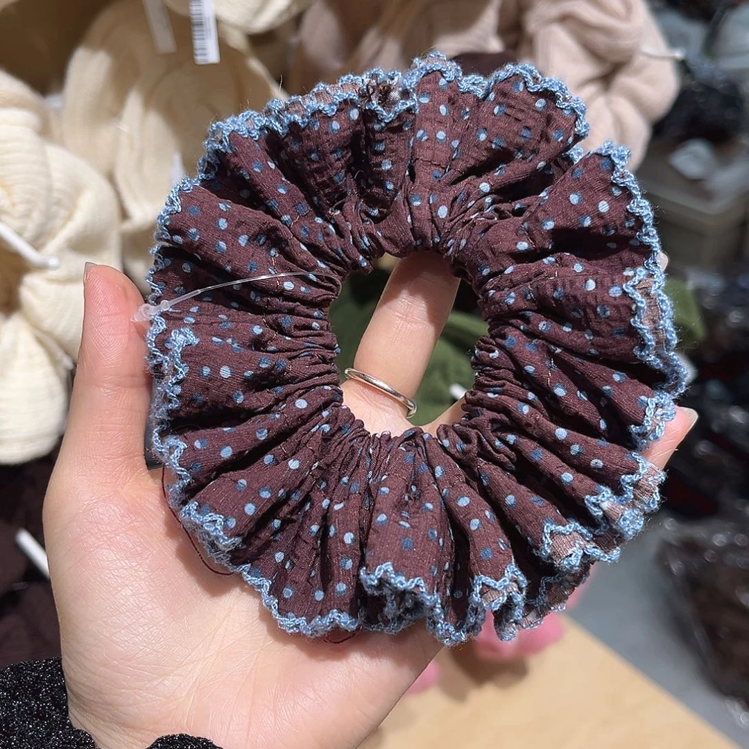 布艺非金属咖色蓝波点小裙摆发圈