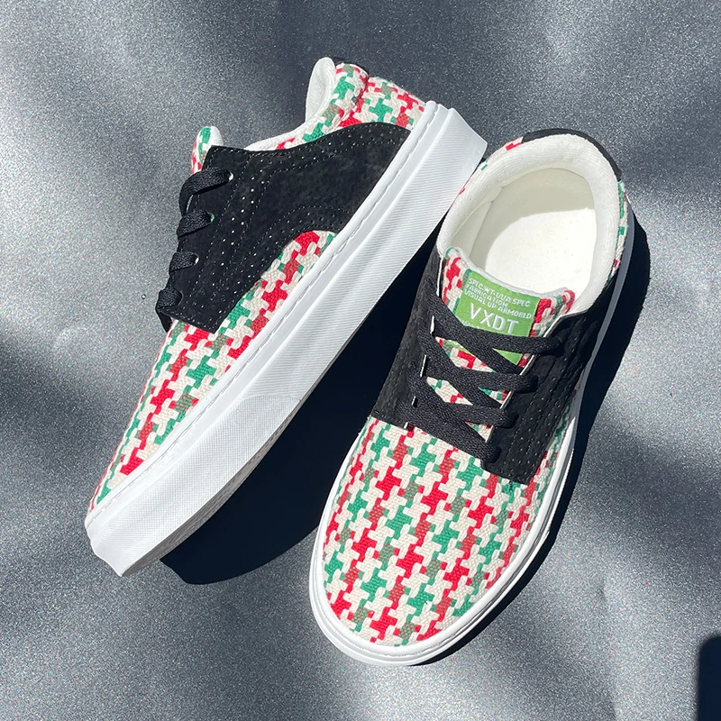帆布鞋秋季新款男鞋时尚休闲鞋拼色潮鞋多彩格子印花韩版学生鞋子
