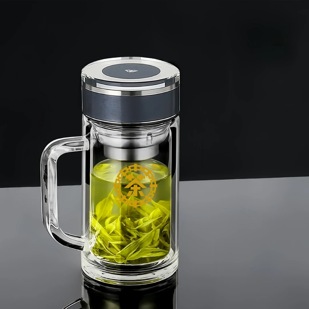 中茶连锁玻璃杯500ml（带把）双层