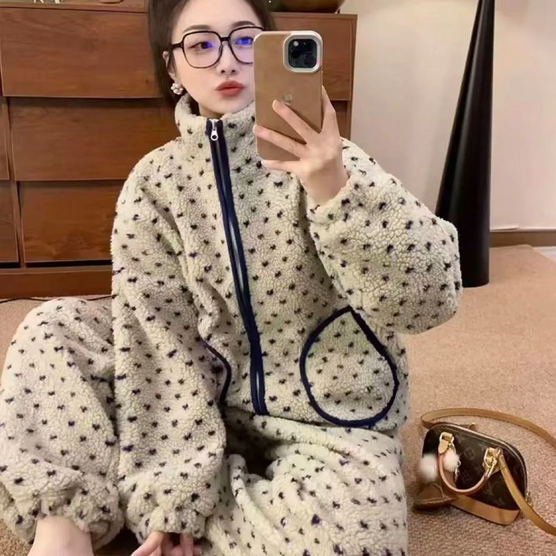 【特厚】冬季新款加绒韩版小爱心波点家居服加厚加绒套装外穿睡衣套