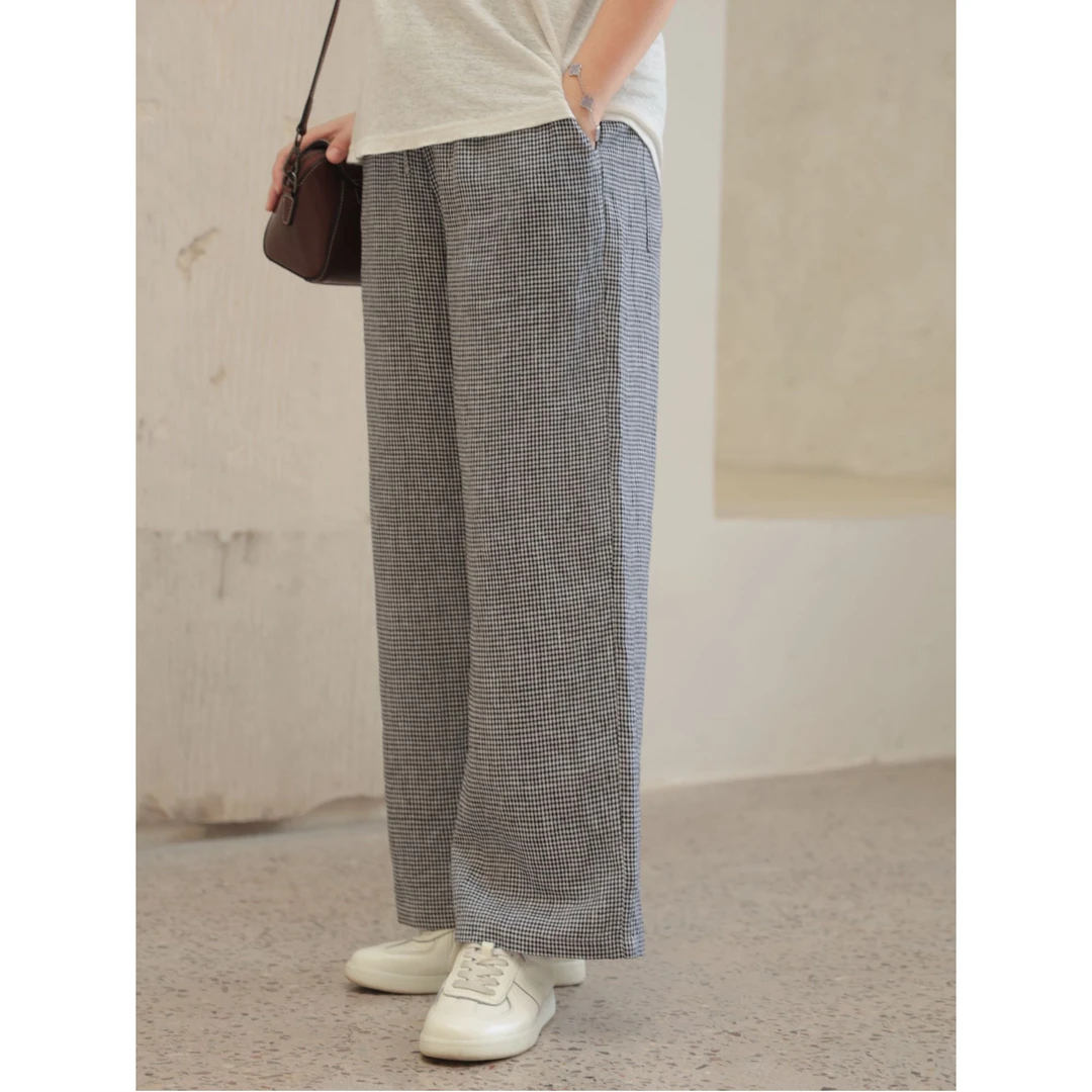 麻享色织亚麻格子长裤加密升级进口亚麻直筒裤女款FSY50882