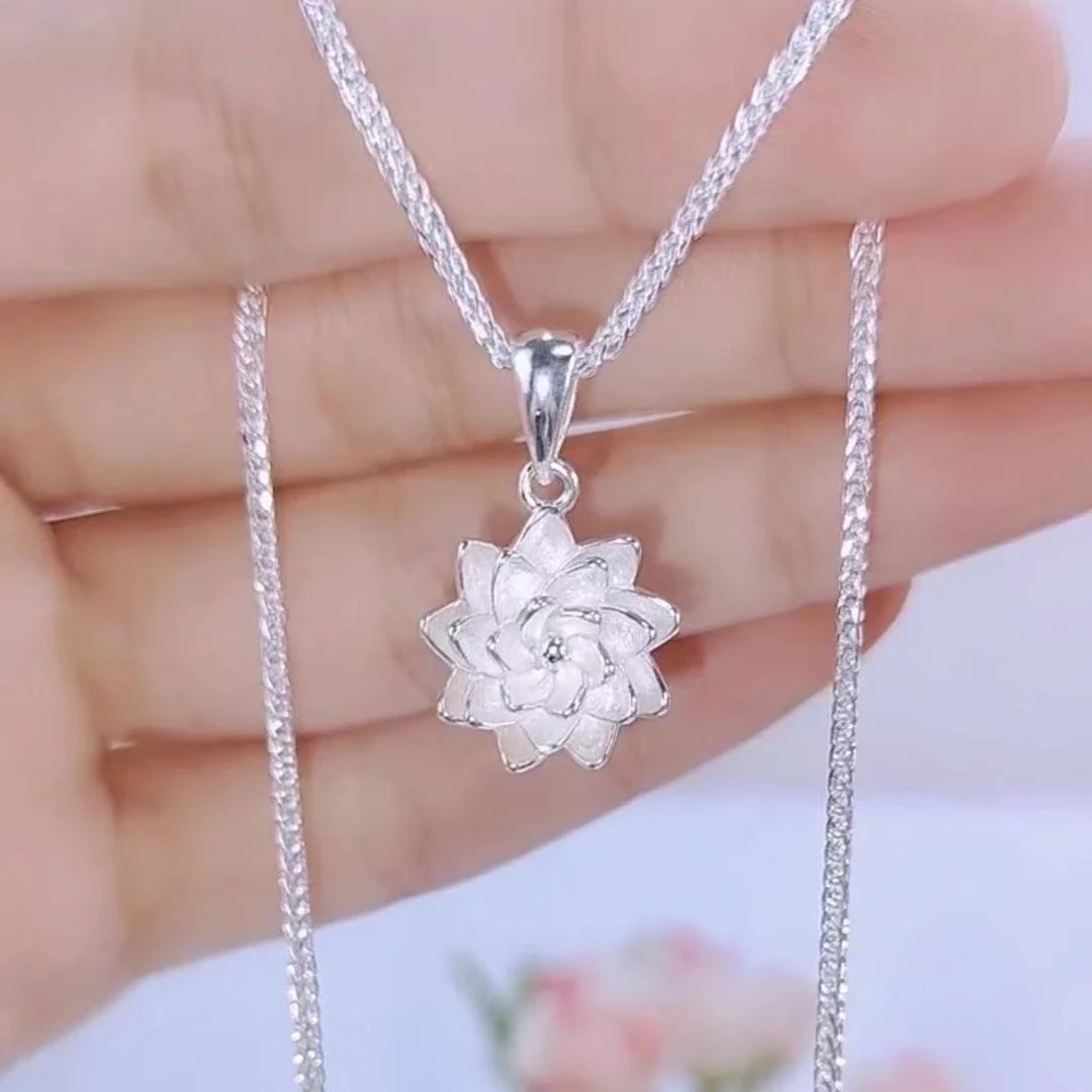 坠链均足银 足银旋转莲花纯银项链时尚气质百搭锁骨链生日情人节