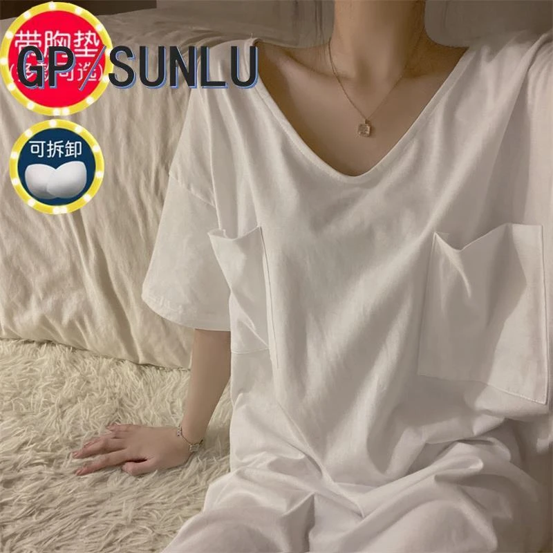 日本小众GP带胸垫棉质短袖睡裙女夏季薄款纯白T桖可外穿家居服V领