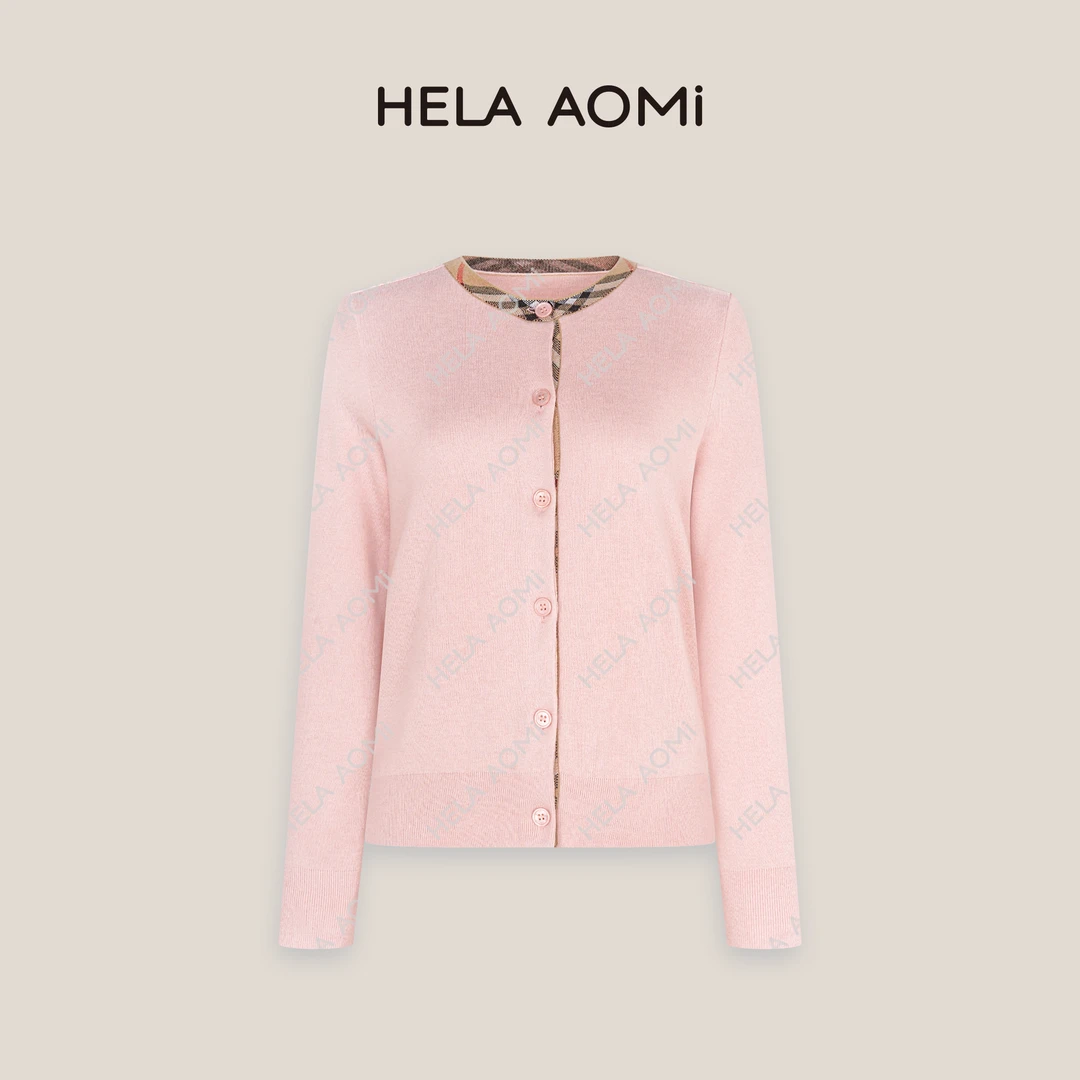HELA AOMI“经典粉格”绵羊毛浅秋色系叠穿百搭美学设计针织开衫